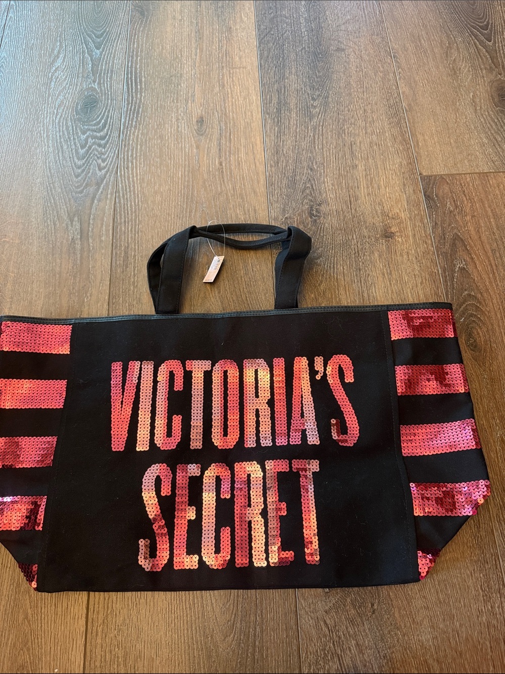 New with tags Victoria’s Secret Black Tote with Pink Sequin Logo /Stripe Accent